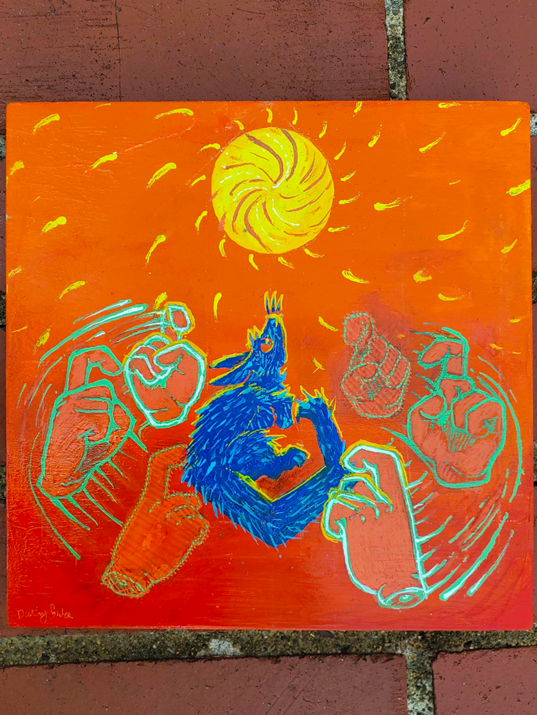 Painting of a unknown furry blue creature with abstract designs on an orange background, with a spinning sun above the creative, and the outlined glowing with motion color loss signing hands for "CHANGE" around the blue creature, and the paining is laid on bricks.