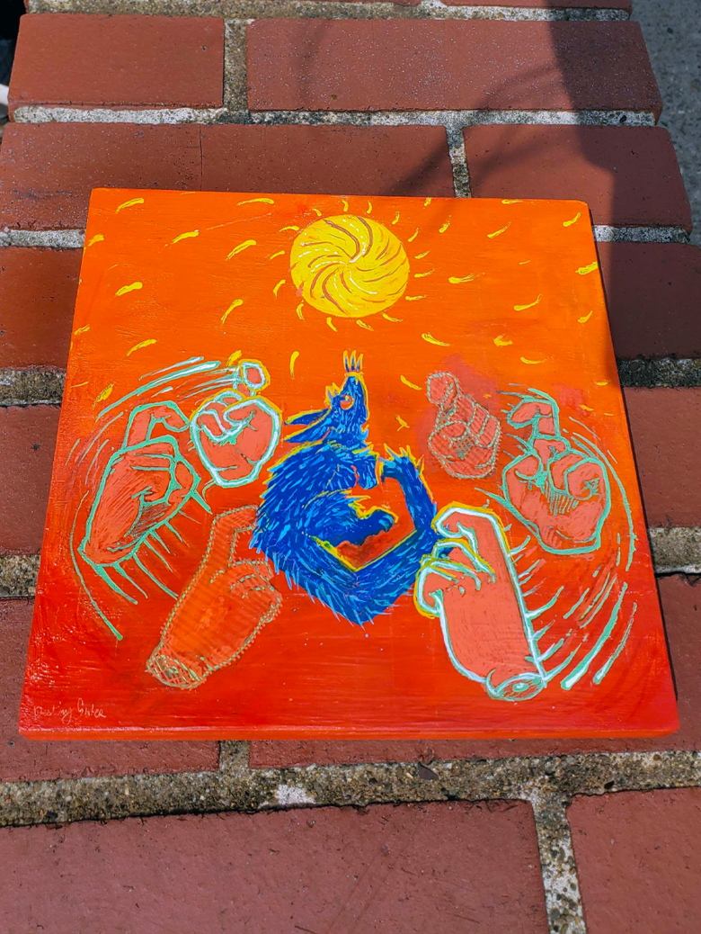 Painting of a unknown furry blue creature with abstract designs on an orange background, with a spinning sun above the creative, and the outlined glowing with motion color loss signing hands for "CHANGE" around the blue creature, and the painting is tilted and laid on bricks.