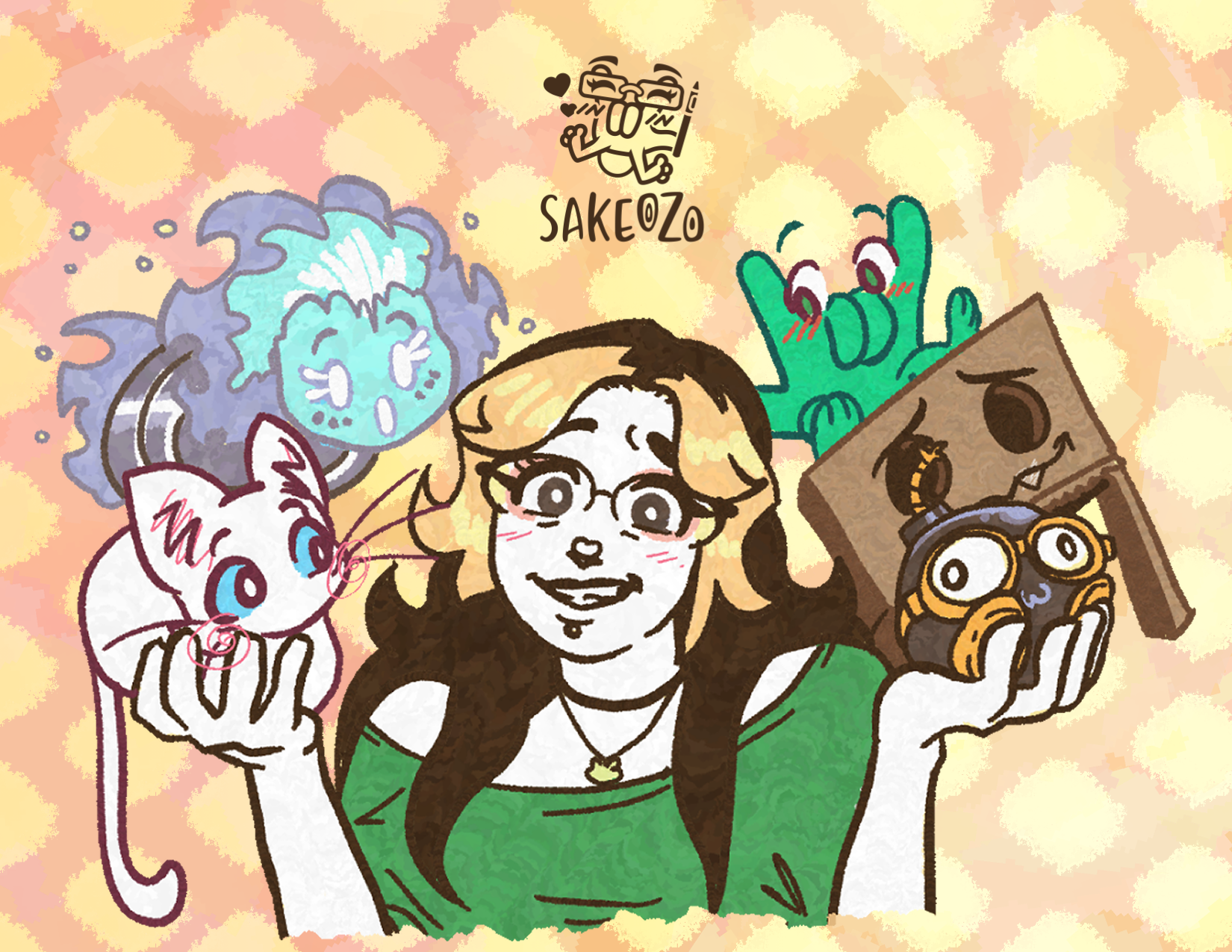 Destiny smiles awkwardly ad she holds up Bibi the Deaf Cat, bomb character, cardboard box hat, ILY fella, and Hydrogen character. Above her is Sakeozo logo. 